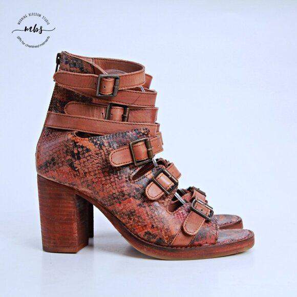 Vintage Foundry Co Odessa Leather Strap Side Heeled Sandal Booties Brown Women 8 - Picture 1 of 13